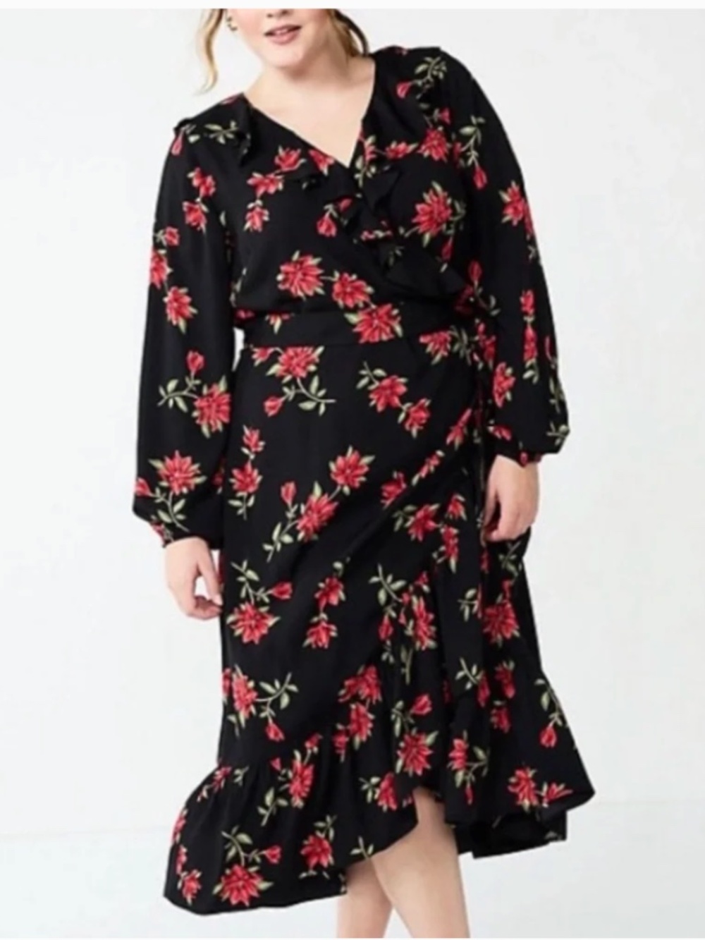 Draper James RSVP Floral Print Wrap Dress Long Sleeve Ruffle Trim Belted Black